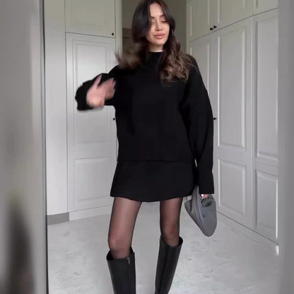 Women’s 2-Piece Sweater Skirt Set – Knit Long Sleeve Pullover & High Waist Mini Skirt hanyelevate