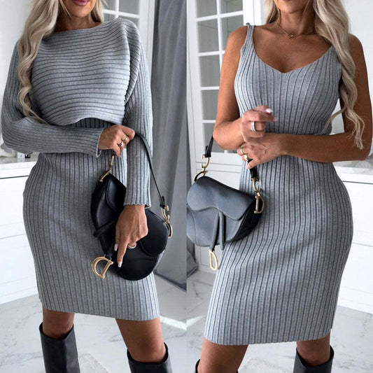 Women’s 2-Piece Autumn Winter Outfit – Long-Sleeve Stripe Top & Slim Suspender Skirt Set hanyelevate