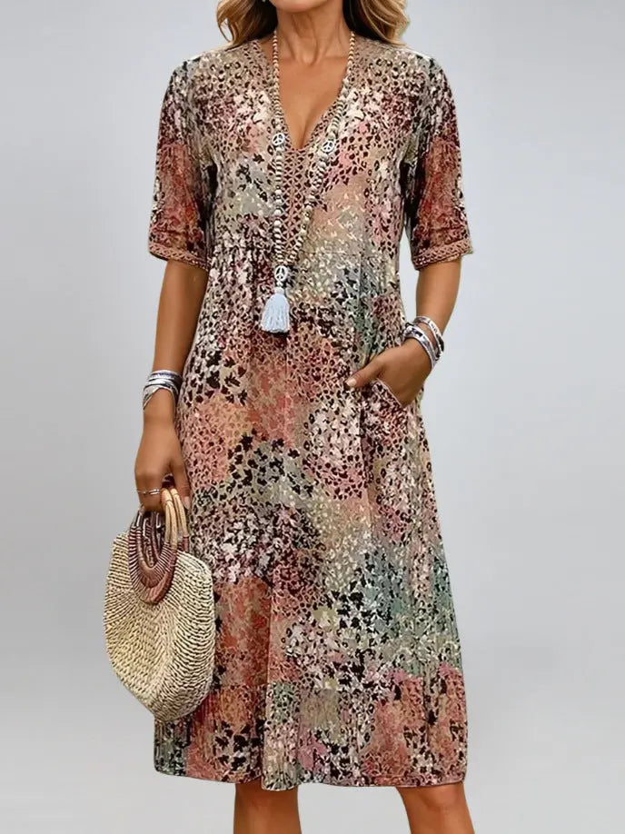 Summer V-neck Half-sleeved Dress With Pockets Fashion Ethnic Print Dresses Beach Holiday Clothing For Women hanyelevate
