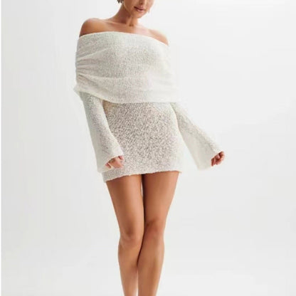 Women’s Spring Summer Knitted Mini Dress – Off Shoulder Long Sleeve Bodycon Party Dress hanyelevate