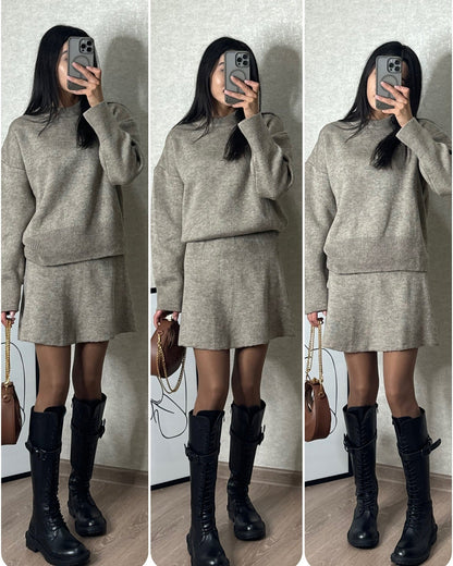 Women’s 2-Piece Sweater Skirt Set – Knit Long Sleeve Pullover & High Waist Mini Skirt hanyelevate