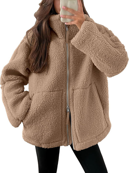 Women’s Cozy Winter Zip-Up Coat – Lapel Collar Fleece Jacket with Pockets hanyelevate
