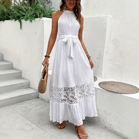 Women’s White Lace Long Dress – Sleeveless Pullover Maxi Dress | Elastic Waist | S–XL | Korean & Japanese Casual Style