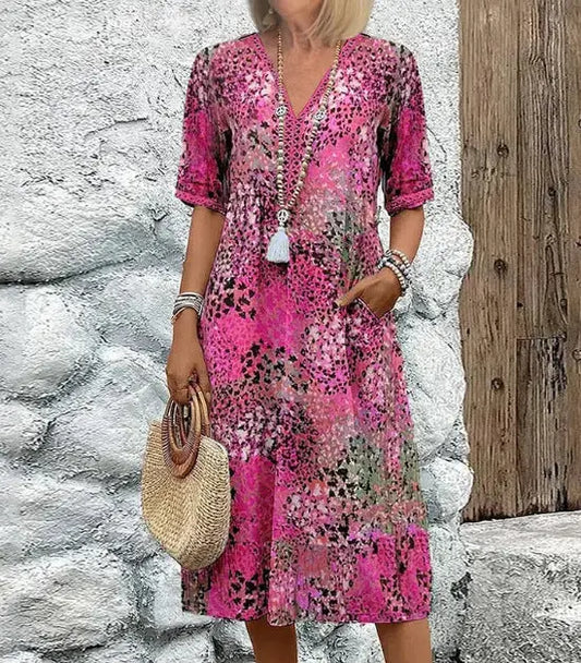 Summer V-neck Half-sleeved Dress With Pockets Fashion Ethnic Print Dresses Beach Holiday Clothing For Women hanyelevate