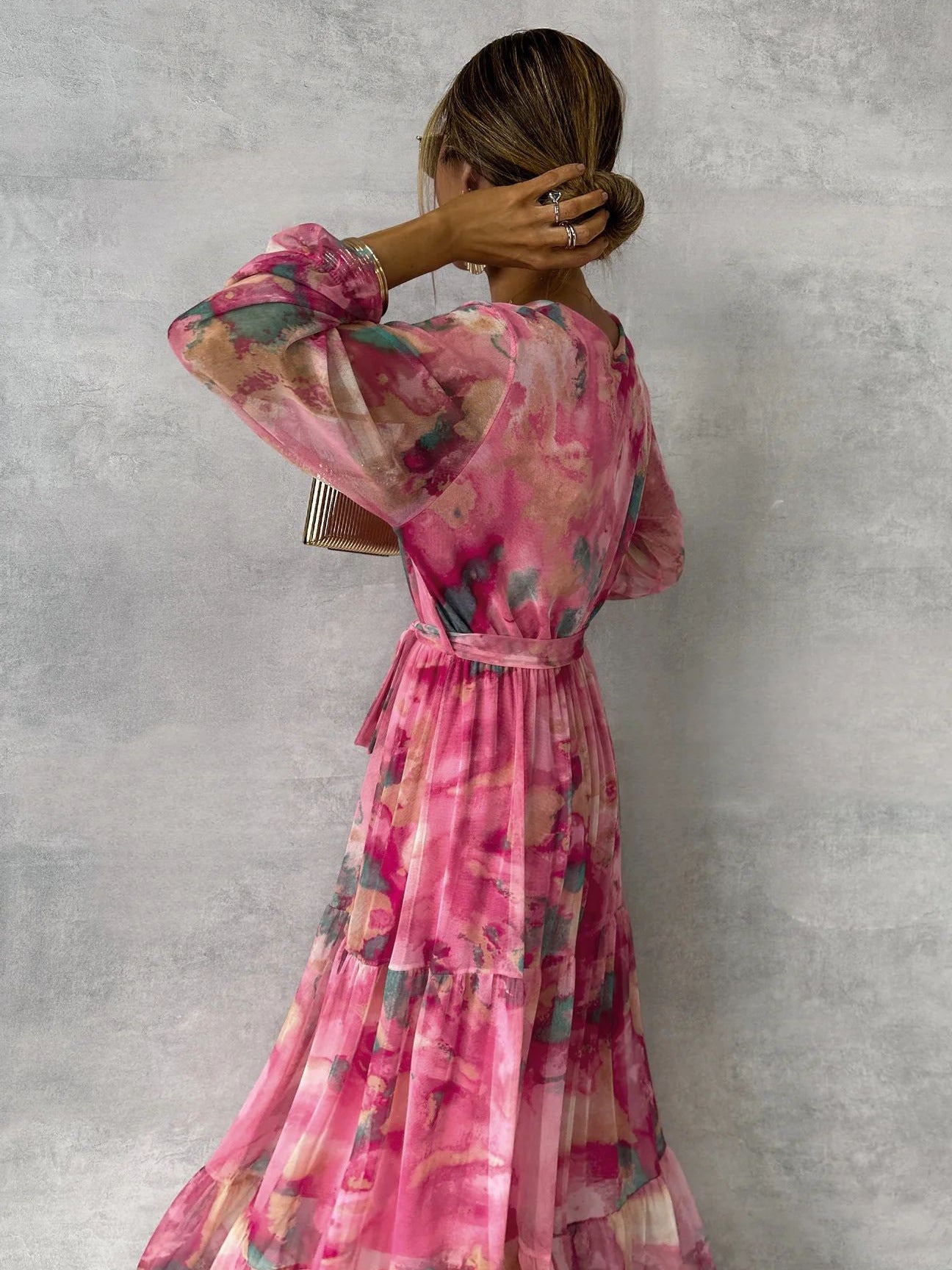 Women’s Floral Chiffon Maxi Dress – Long Sleeve, V-Neck, High-Waisted, Elegant Swing Style hanyelevate