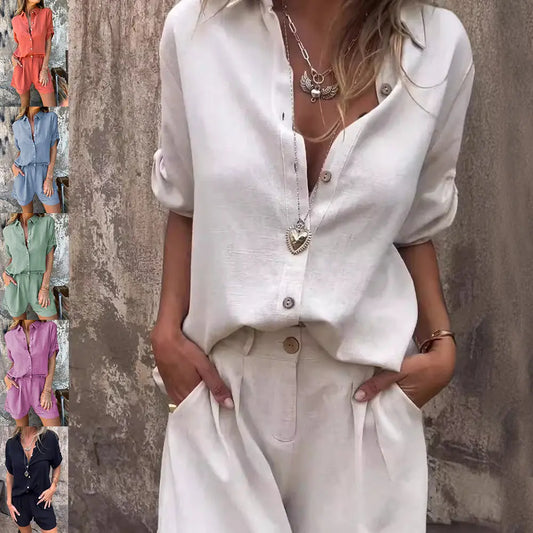 Trendy Women’s Short Sleeve Suit Set – Lapel Shirt and Shorts with Pockets hanyelevate