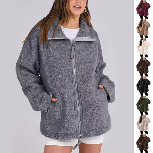 Women’s Cozy Winter Zip-Up Coat – Lapel Collar Fleece Jacket with Pockets hanyelevate