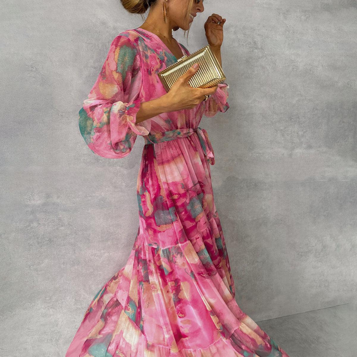 Women’s Floral Chiffon Maxi Dress – Long Sleeve, V-Neck, High-Waisted, Elegant Swing Style hanyelevate