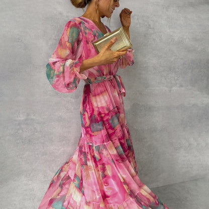 Women’s Floral Chiffon Maxi Dress – Long Sleeve, V-Neck, High-Waisted, Elegant Swing Style hanyelevate