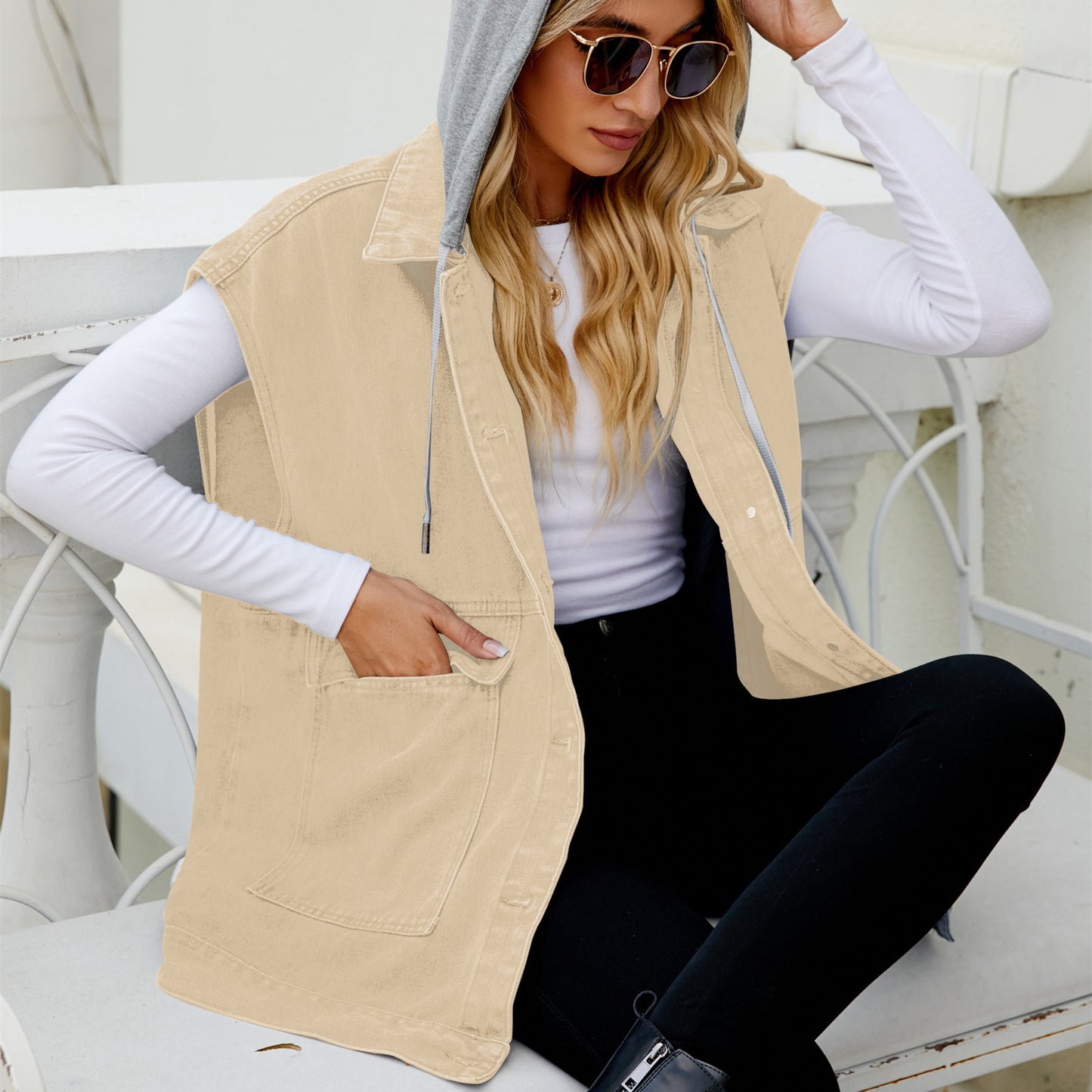 Unisex Denim Lapel Jacket – Casual Streetwear with Hood & Detachable Hood Options