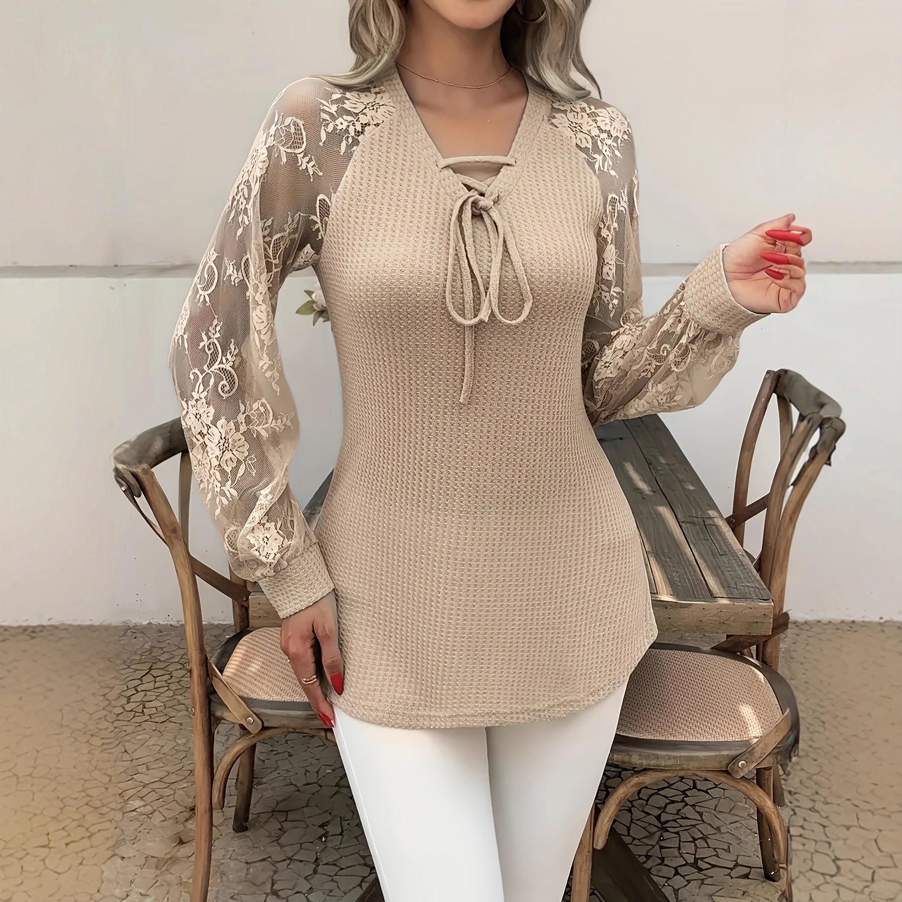 Women’s Solid Color Lace Pullover Top – Spandex | Green, Purple, Khaki | S–2XL hanyelevate