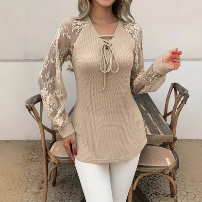 Women’s Solid Color Lace Pullover Top – Spandex | Green, Purple, Khaki | S–2XL hanyelevate