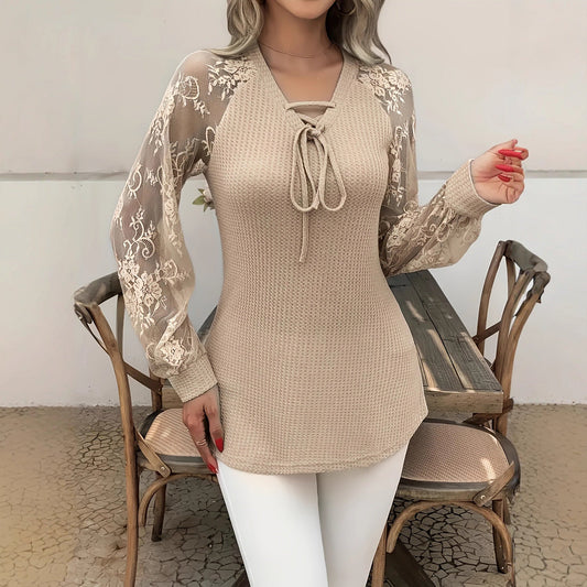 Women’s Solid Color Lace Pullover Top – Spandex | Green, Purple, Khaki | S–2XL hanyelevate