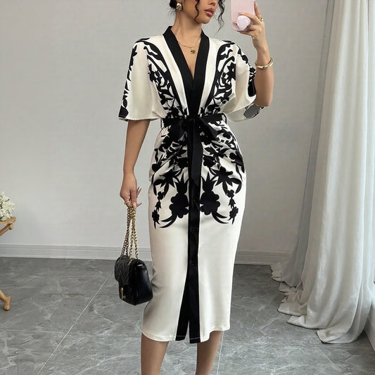 Women’s Apricot Floral Print Hip Skirt Dress – Elegant Socialite Style Pullover | S–XXL | Polyester