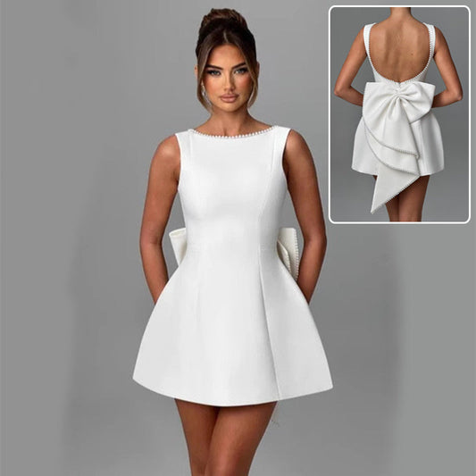 Elegant Backless A-Line Dress for Women – Sleeveless Slim Fit with Pearl & Bow Detail hanyelevate