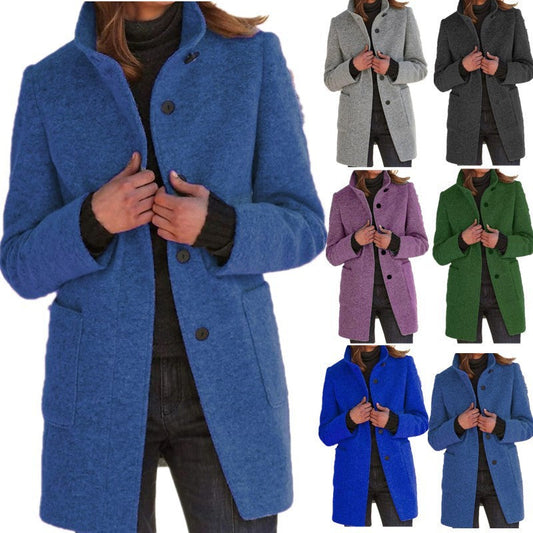 Women’s Stand Collar Woolen Coat – Casual Fall Winter Button Outwear with Pockets hanyelevate
