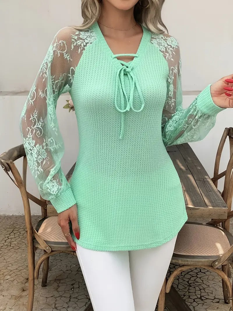 Women’s Solid Color Lace Pullover Top – Spandex | Green, Purple, Khaki | S–2XL hanyelevate