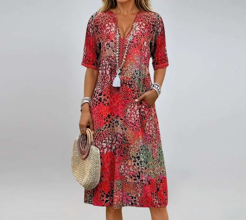 Summer V-neck Half-sleeved Dress With Pockets Fashion Ethnic Print Dresses Beach Holiday Clothing For Women hanyelevate